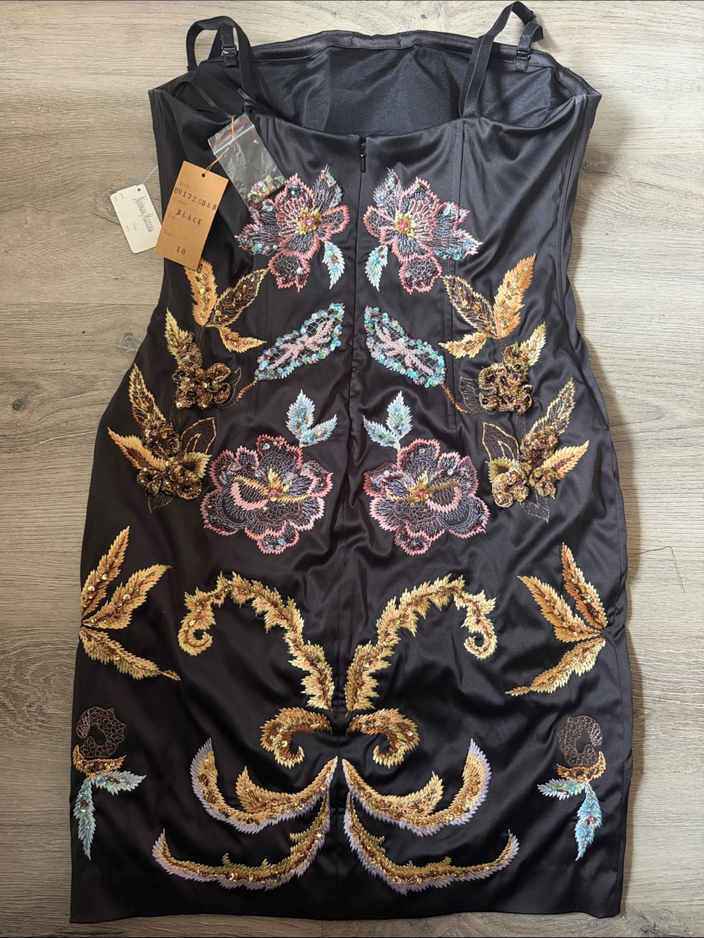 Black Strapless Mini Dress with Multicolor Floral Embroidery - Picture 3 of 5